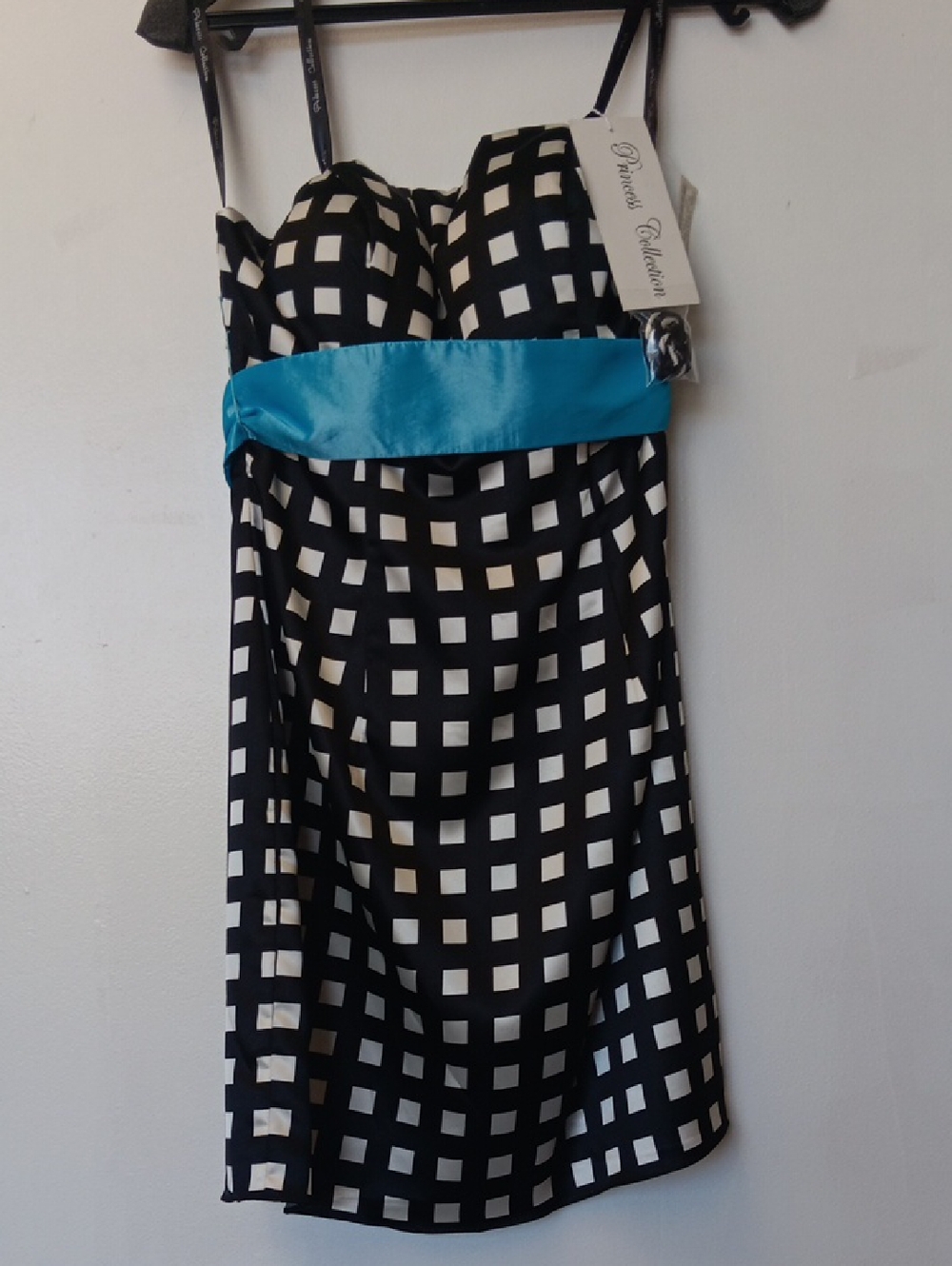 Vintage Black & White Checkered  Strapless Dress with Turquouse Waistband
